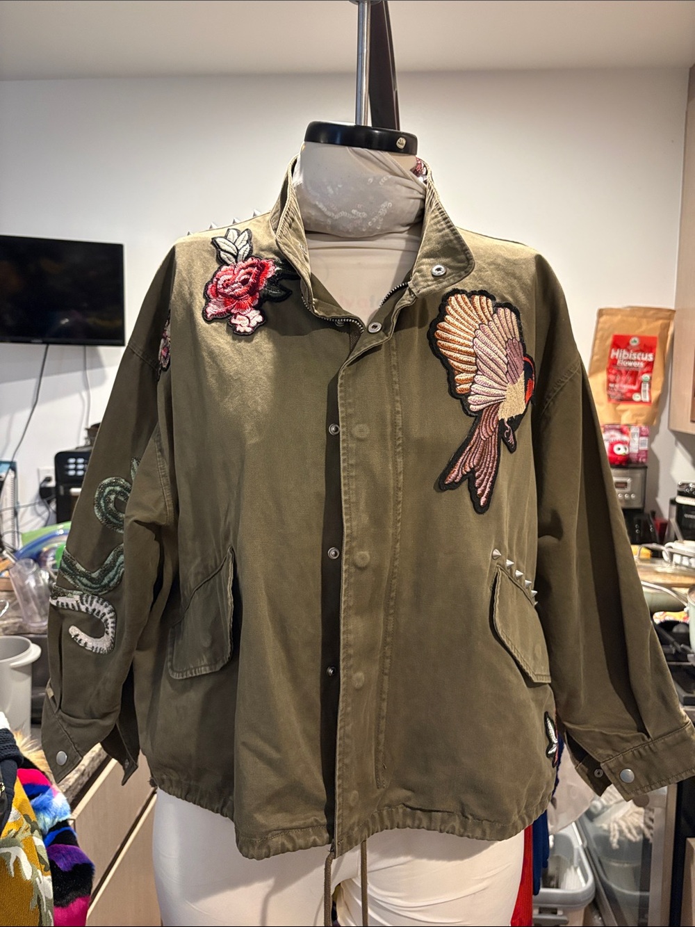 H&M Olive Green Military Field Jacket with Embroidered Bird & Floral Patches